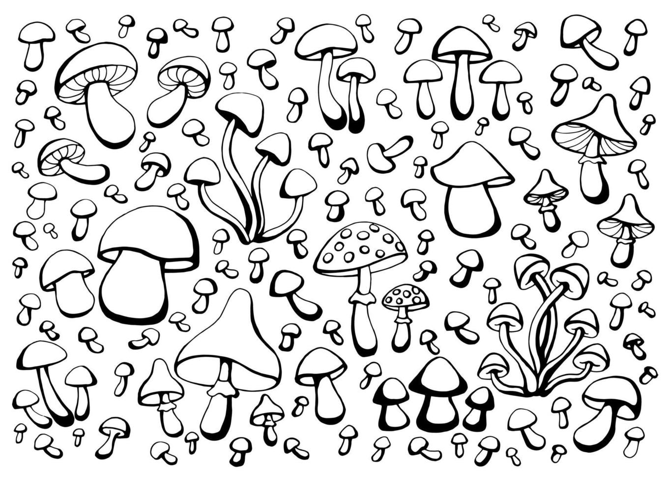 Hand drawn set of mushrooms. Outline drawing. Vector illustration. Black and white.