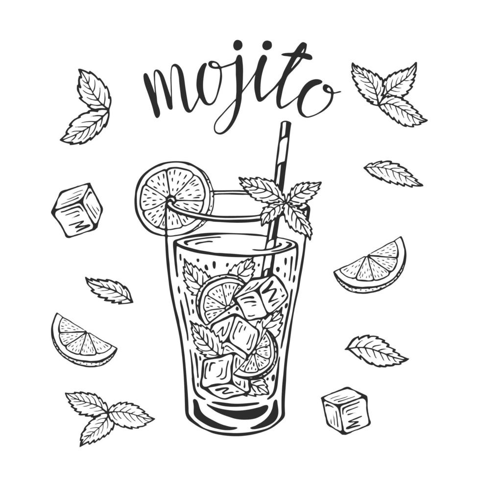 Mojito classic cocktail hand drawn vector illustration. Lemonade glass with ice and a slice of lime and a straw and mint leaves, for cocktail cards. Homemade mojito lettering, isolated illustration