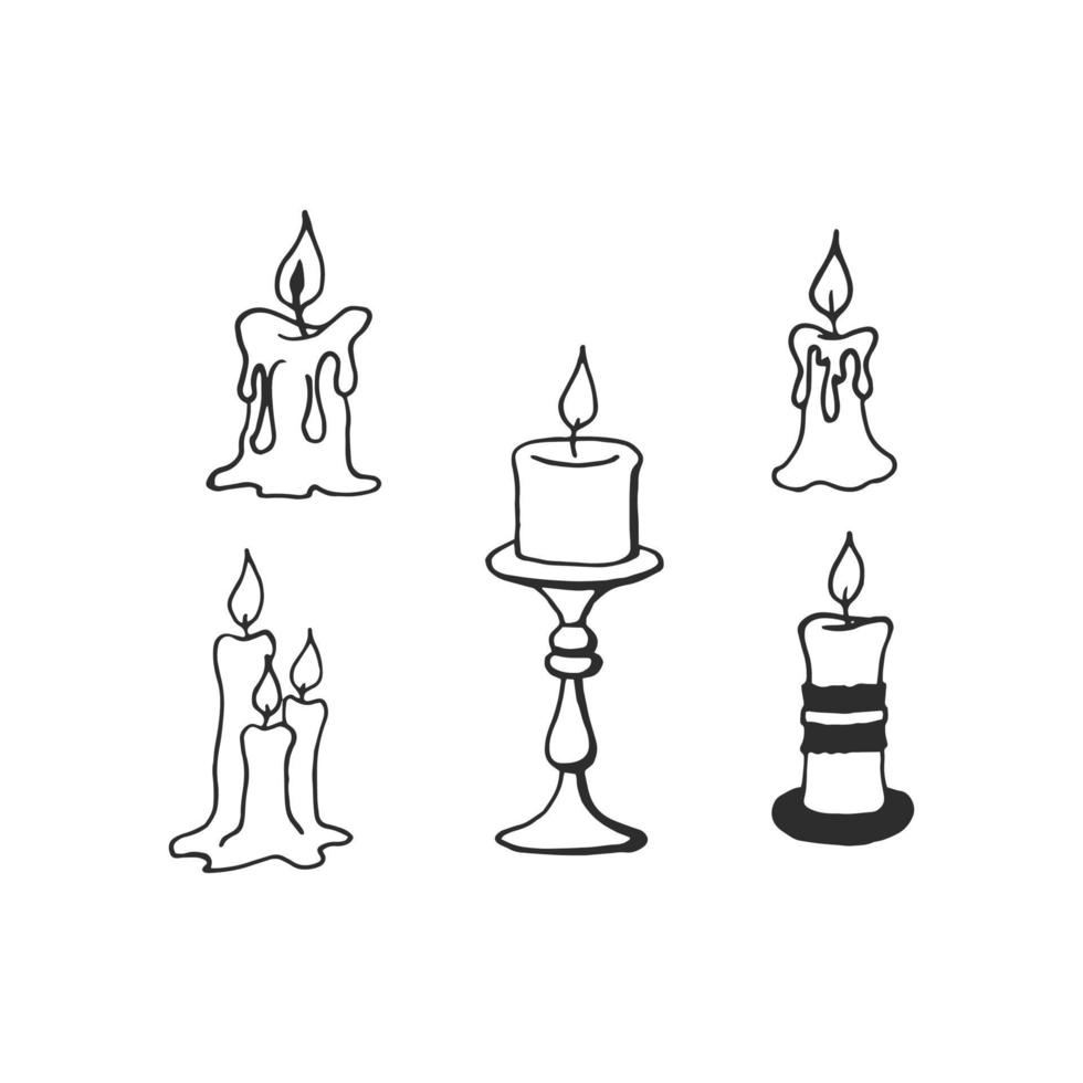 Hand draw set of candles. Three burning candles. Vector illustration