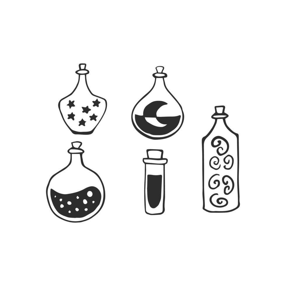 Magic potion, glass bottle engraving vector illustration. Magic potion occult attribute for witchcraft.