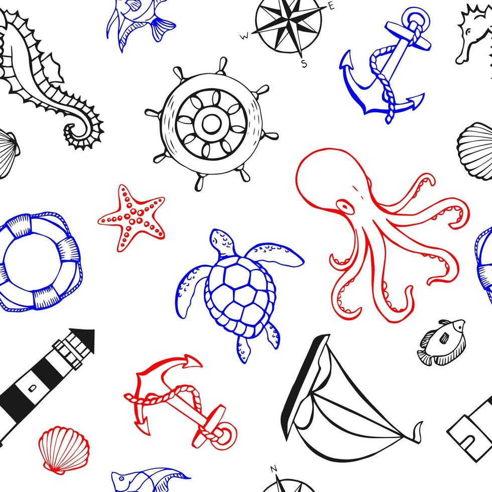 Seamless pattern with different animals and marine objects. Sea or ocean underwater life background. Concept elements. Vector illustration in hand drawn style.