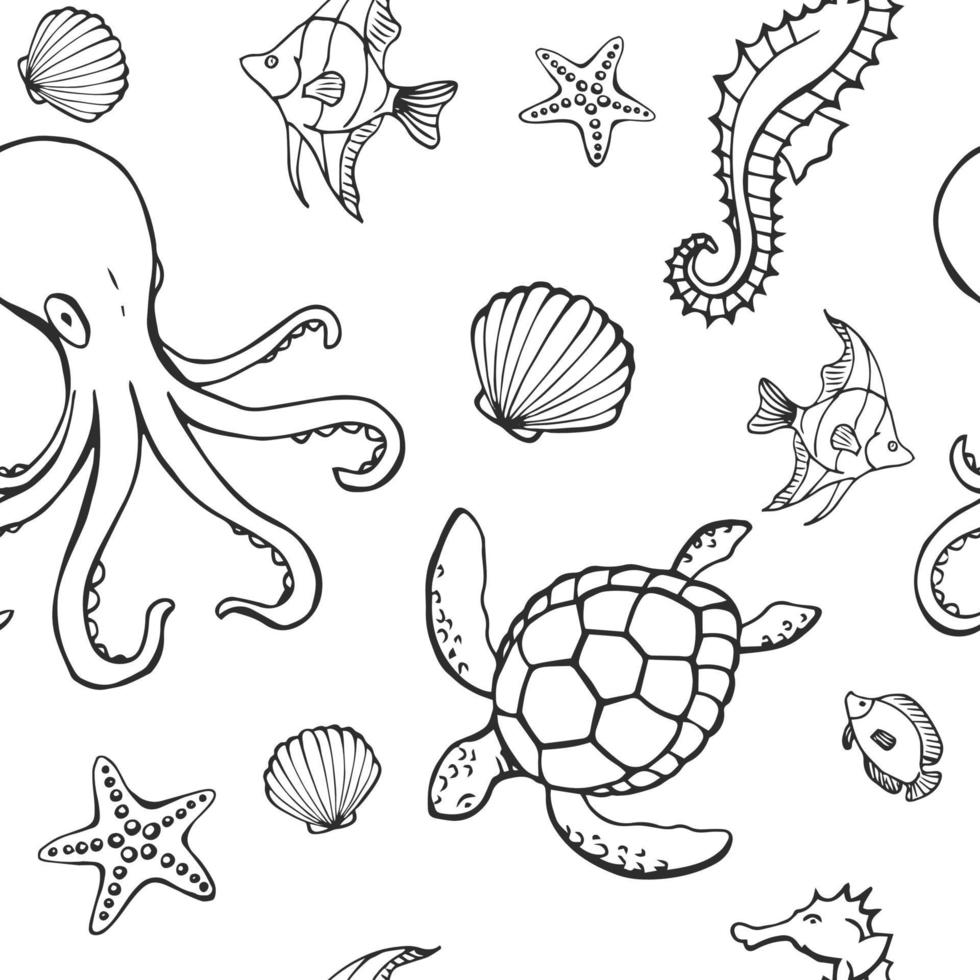 Seamless pattern with different animals and marine objects. Sea or ocean underwater life background. Concept elements. Vector illustration in hand drawn style.