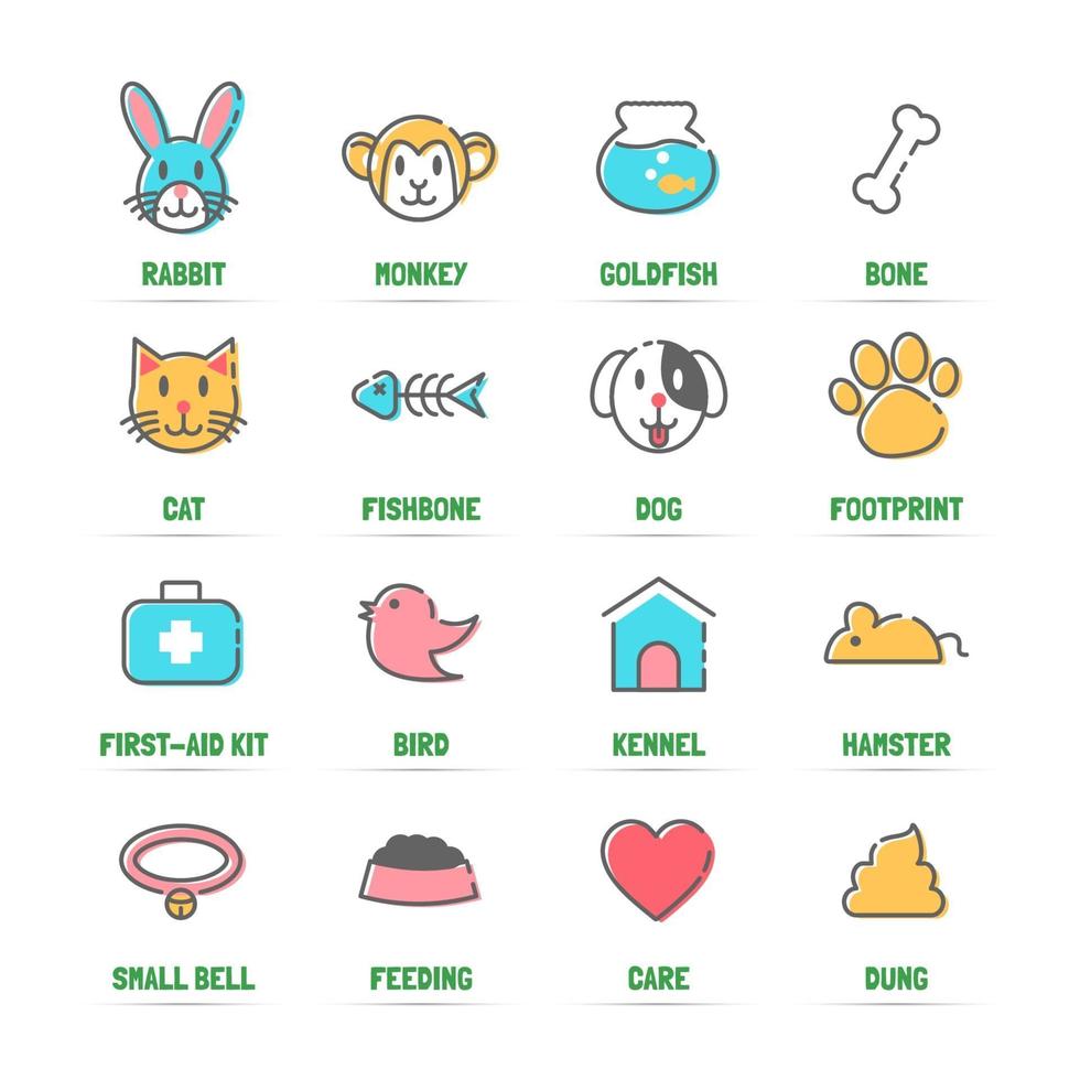 pet vector line icons with flat colors