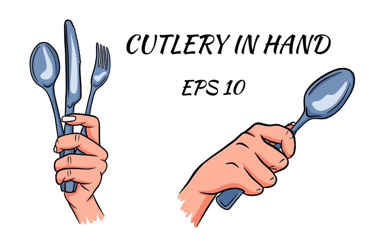 Cutlery. Fork, spoon and knife in hand. Cartoon style. A restaurant. vector