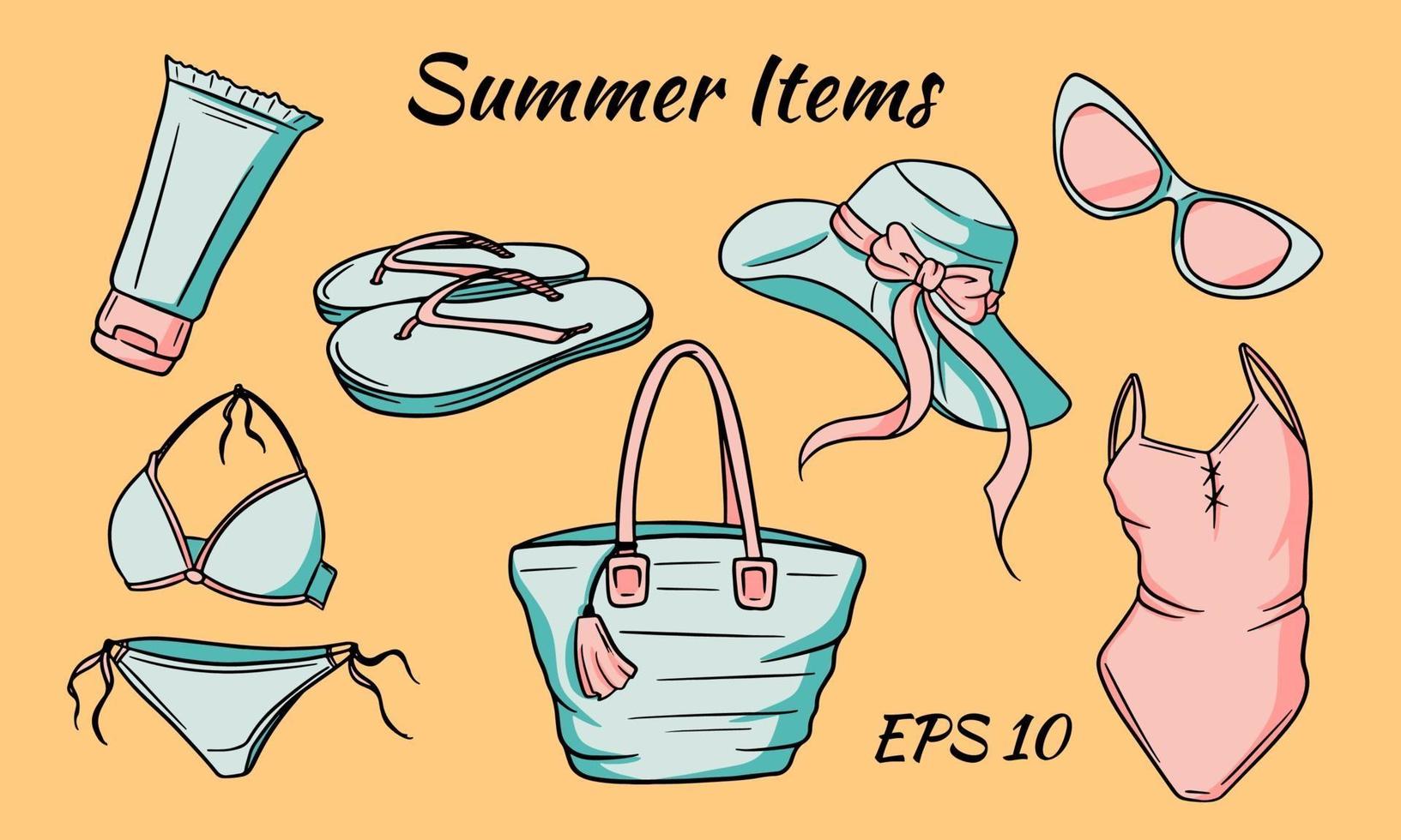 Summer items set. Hat, bag, flip flops, glasses, sun cream, swimsuit. vector