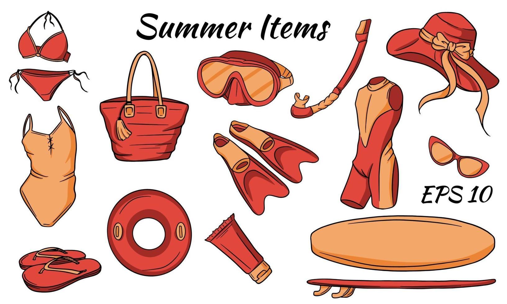 Set of summer preludes. Vector set isolated on white background. Summer items for swimming and relaxing on the beach.