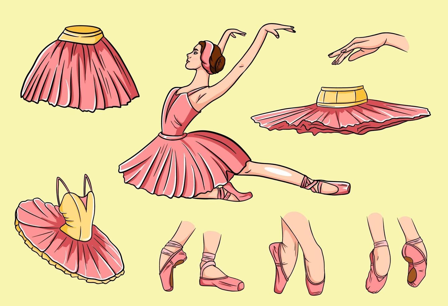 vector conjunto de ballet. bailarina y zapatos de punta. pies de bailarina en zapatillas de ballet. tutús y vestidos de ballet. brazos.