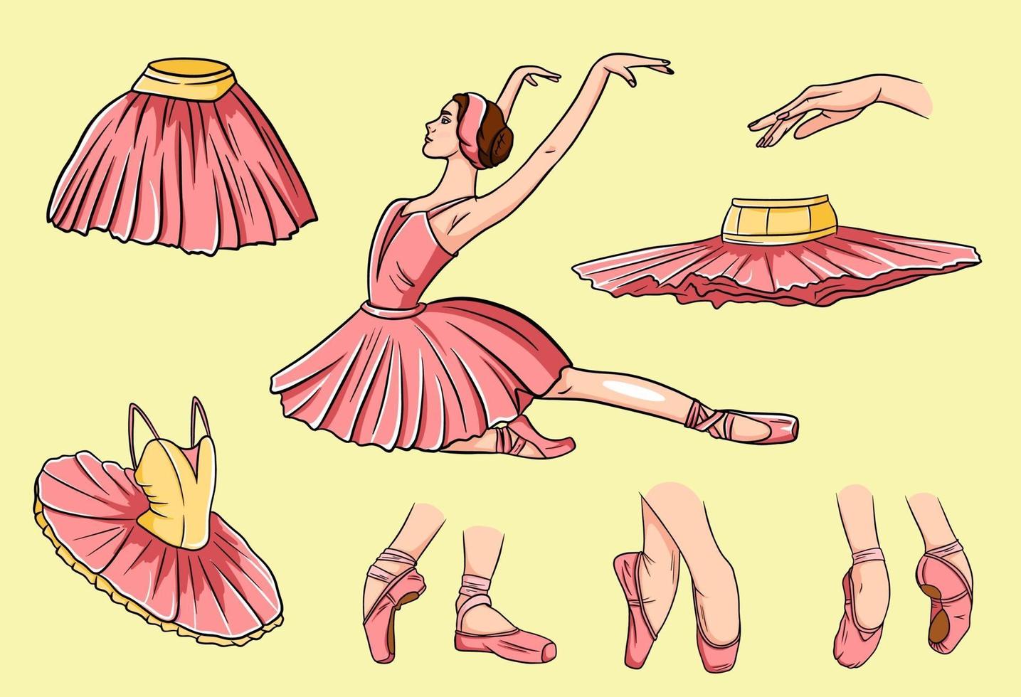 Vector ballet set. Ballerina and pointe shoes. Ballerina feet in ballet shoes. Tutus and ballet dresses. Arms.