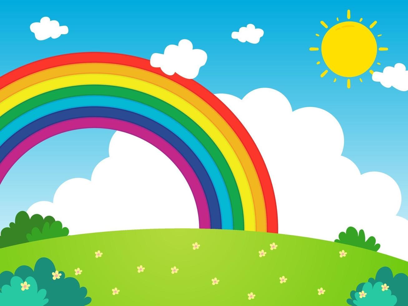 Rainbow with clouds and sun background vector