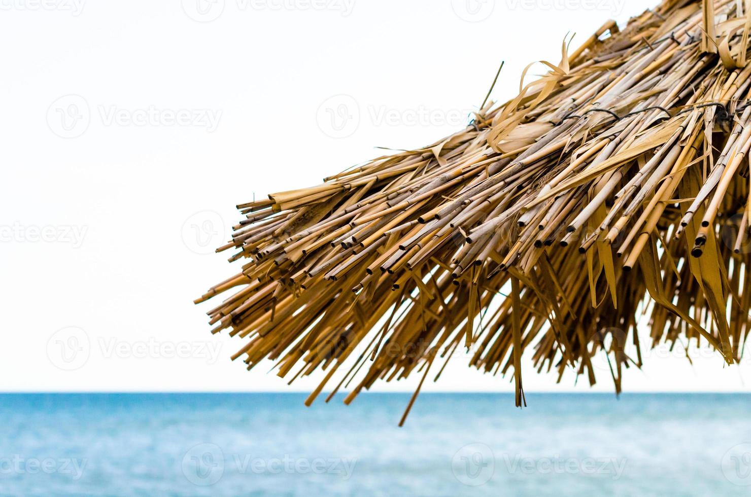 sombrilla de playa de paja contra el mar foto