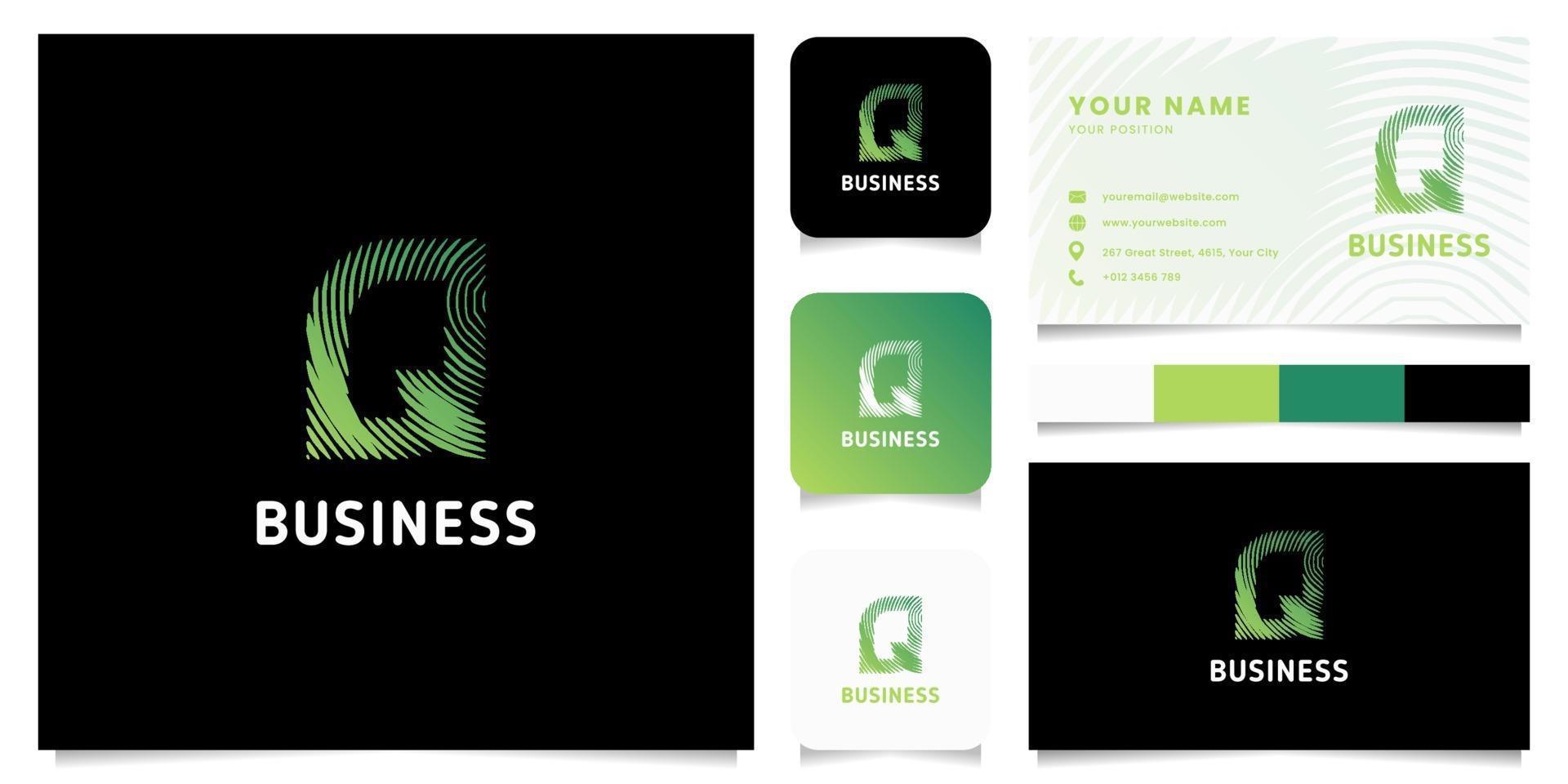 Logotipo de letra q de líneas circulares degradado verde colorido con plantilla de tarjeta de visita vector