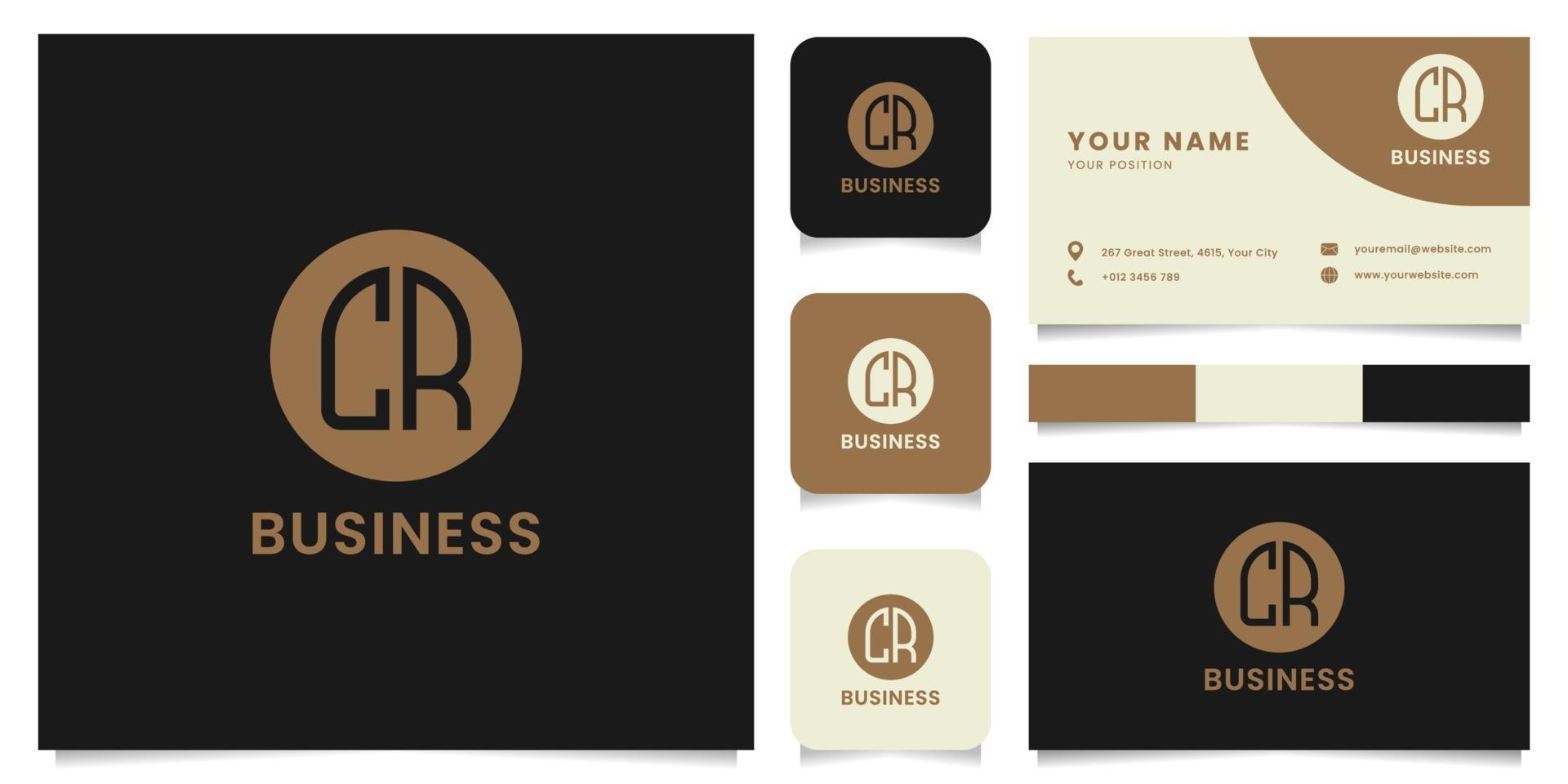 Logotipo de letra cr simple y minimalista en círculo marrón con plantilla de tarjeta de visita vector