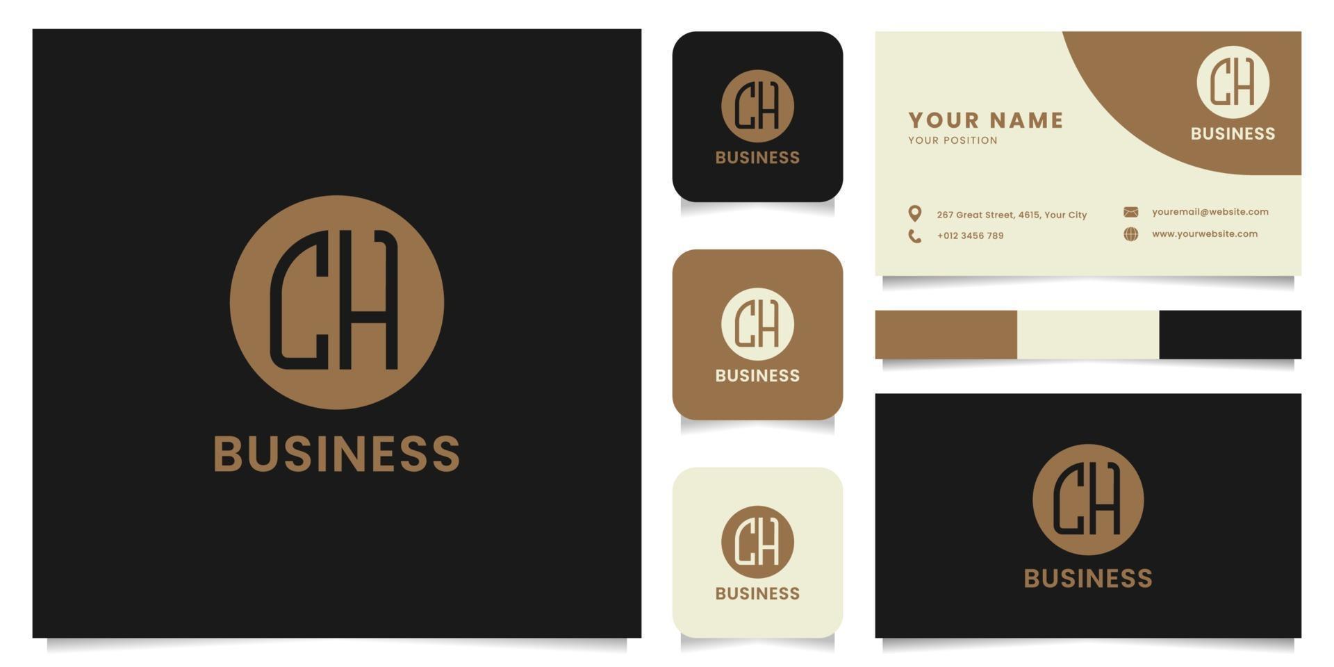 Simple and Minimalist Letter CH Logo on Brown Circle with Business Card Template vector