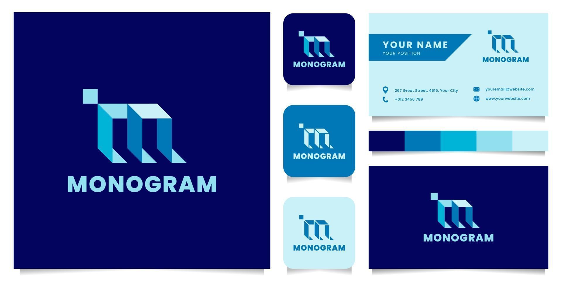 Logotipo de letra m isométrico azul simple y minimalista con plantilla de tarjeta de visita vector