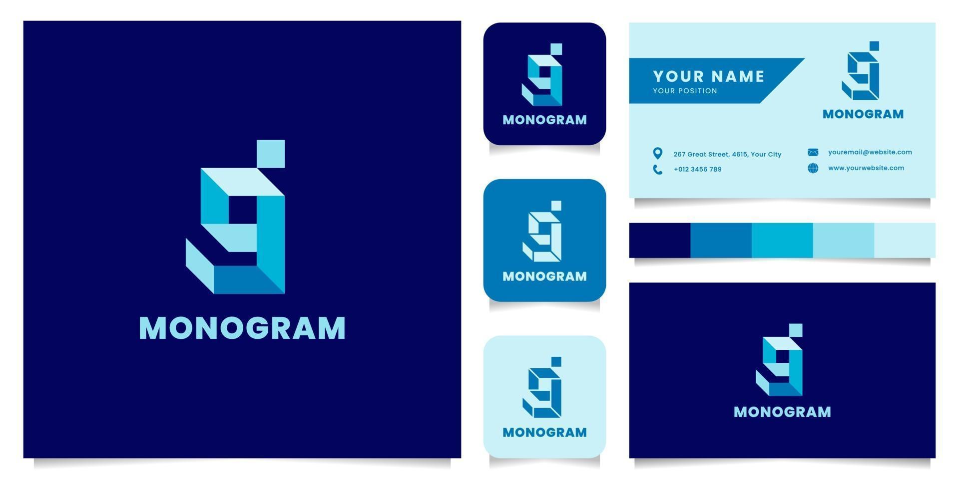 Logotipo de letra g isométrica azul simple y minimalista con plantilla de tarjeta de visita vector