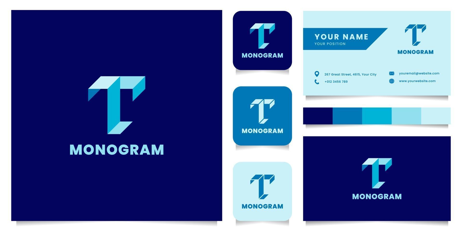 Simple and Minimalist Blue Isometric Letter T Logo with Business Card Template vector