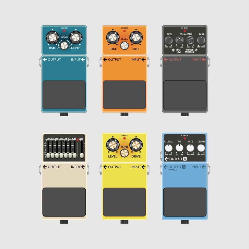 Pedal de efectos de guitarra realista y pedales, ilustración vectorial vector