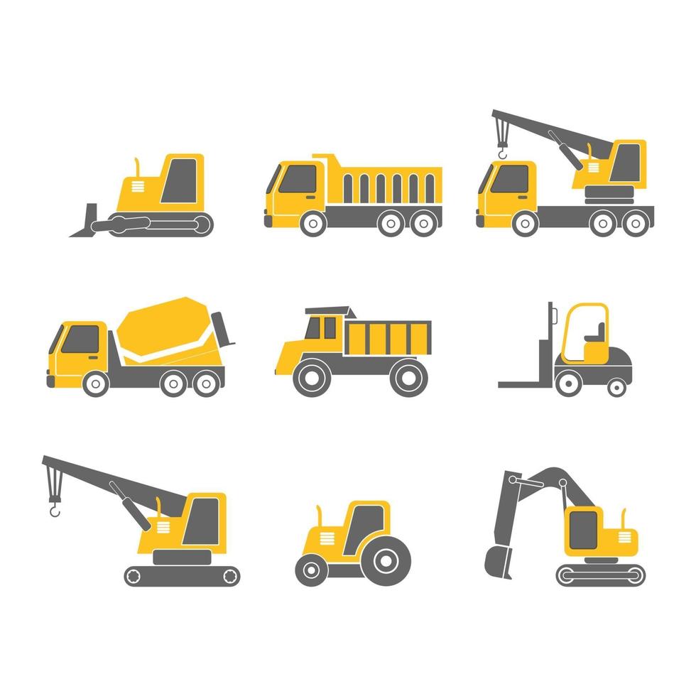 Construction vehicles flat design icon set isolated on white background, vector illustration