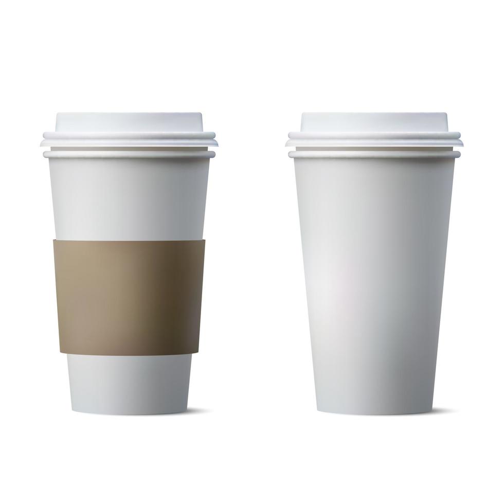 Realistic coffee paper cup with blank space and brown cover paper, vector illustration