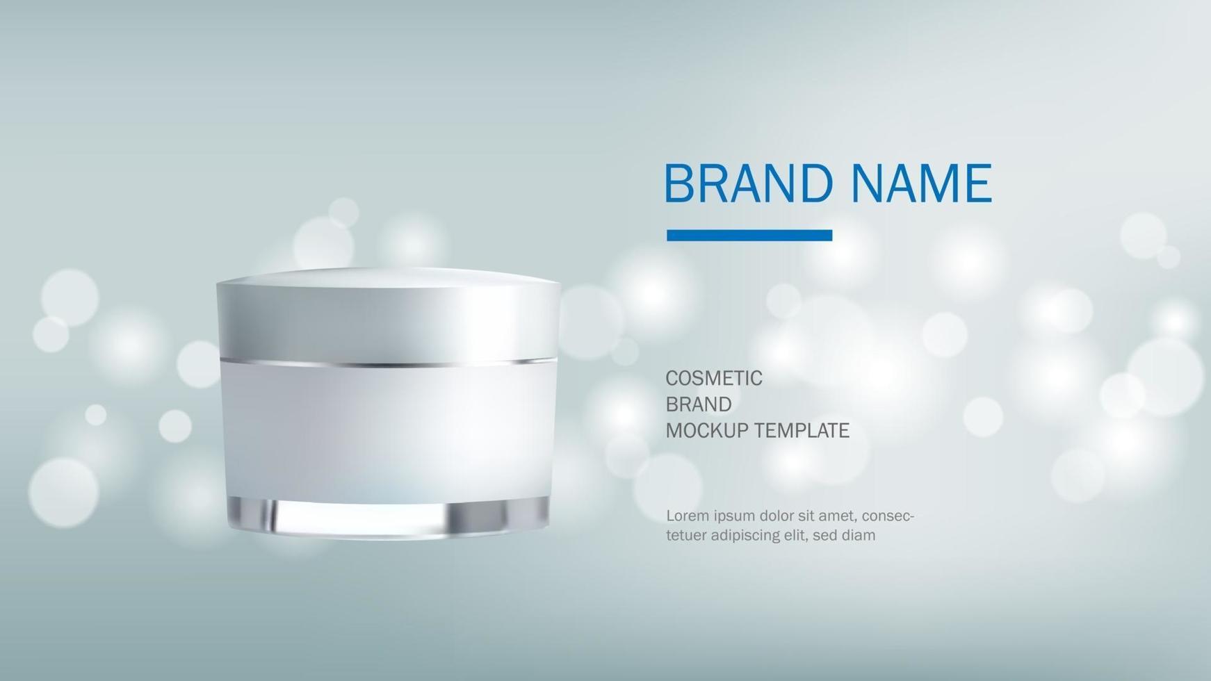 Cosmetic design template, realistic cream bottle on silver glitter background with bokeh light, vector illustration