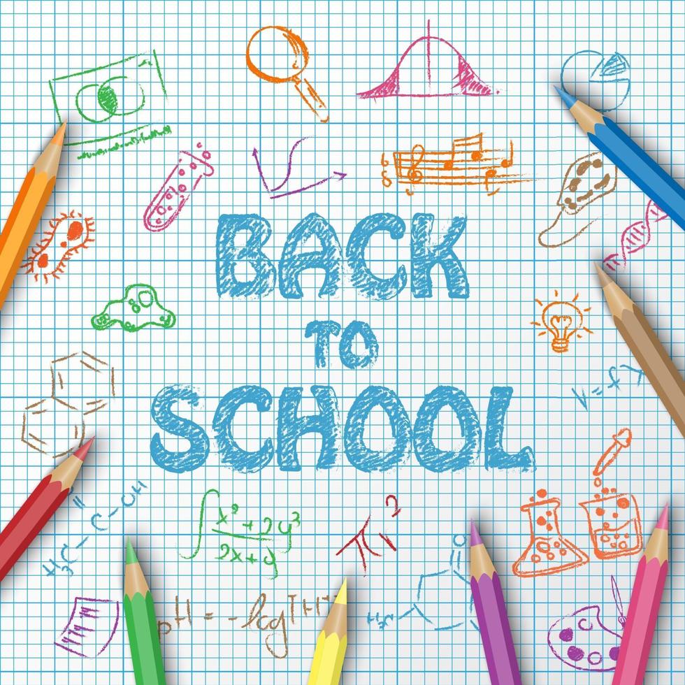 Back to school text drawing on paper graph with hand draw doodle, school items and color pencils vector