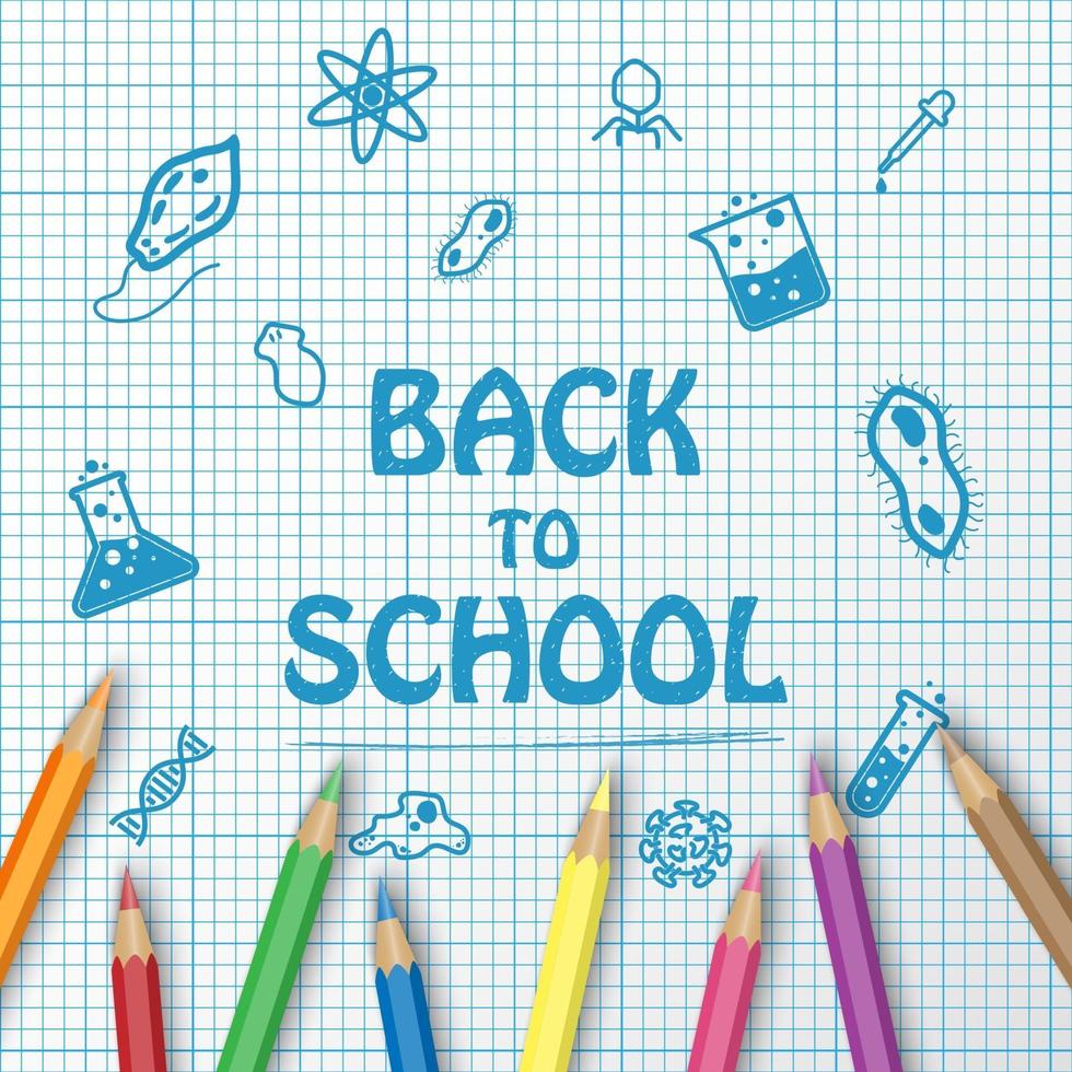 Back to school text drawing on paper graph with school items and color pencils vector