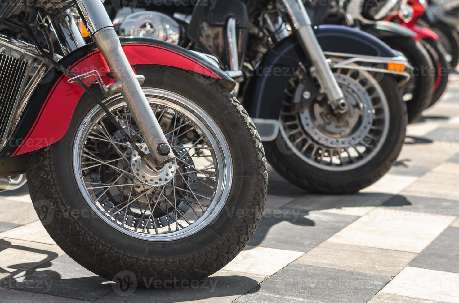 Close-up of chopper motorcycle wheels photo