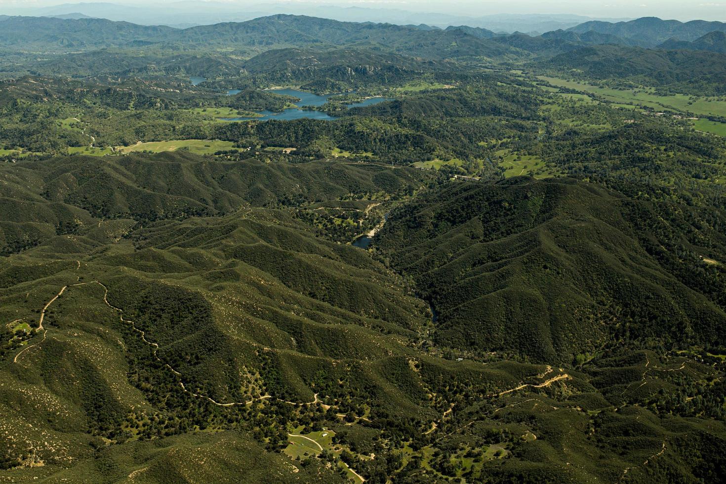 Aerial view of a lake in the California mountains photo