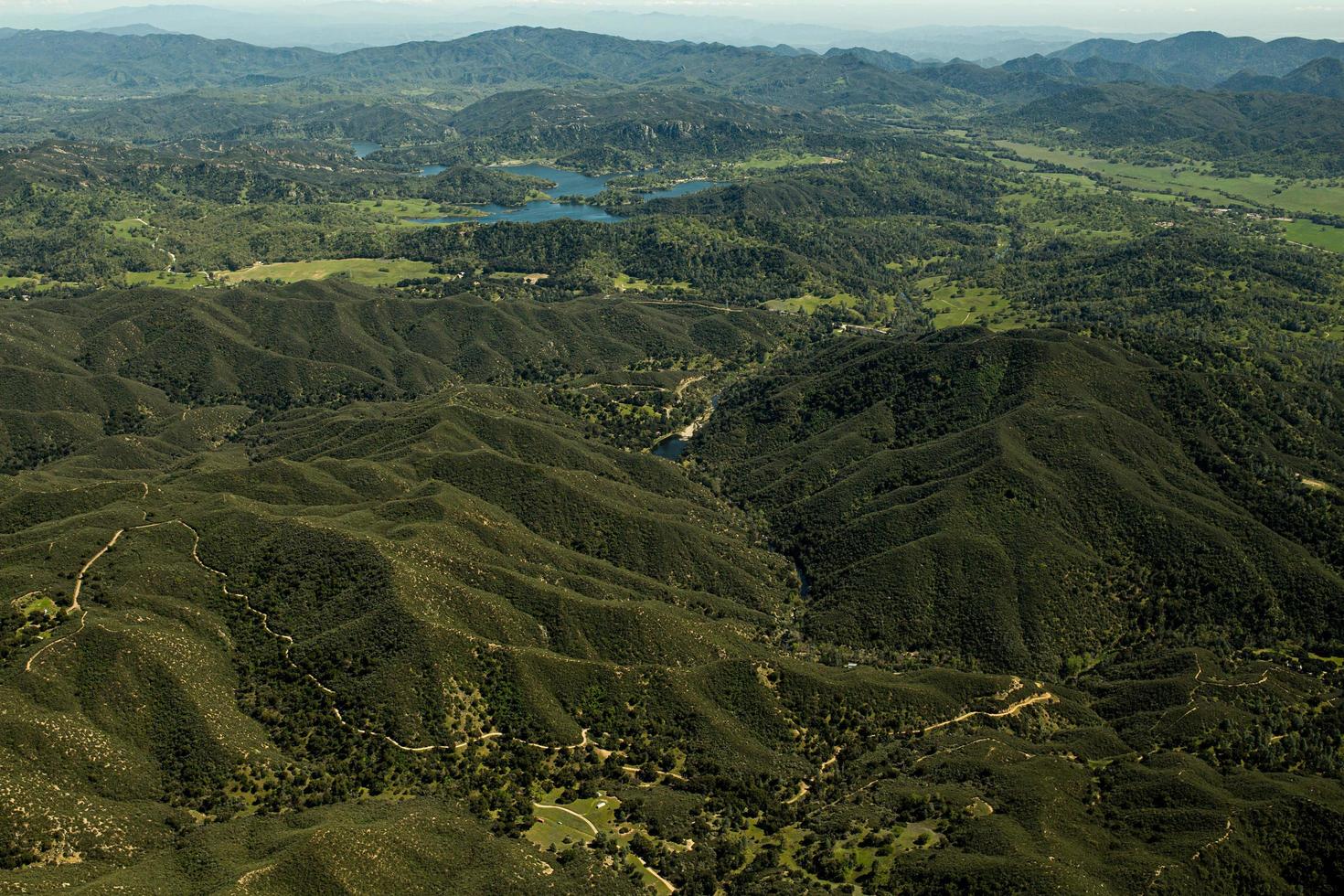 Aerial view of a lake in the California mountains photo