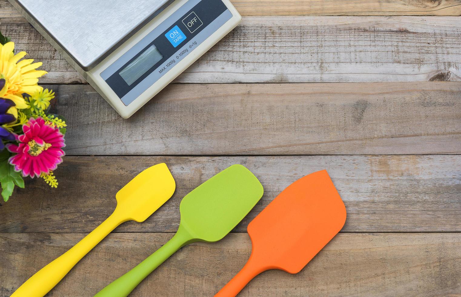 Cooking bakery utensils tools on a wood surface photo