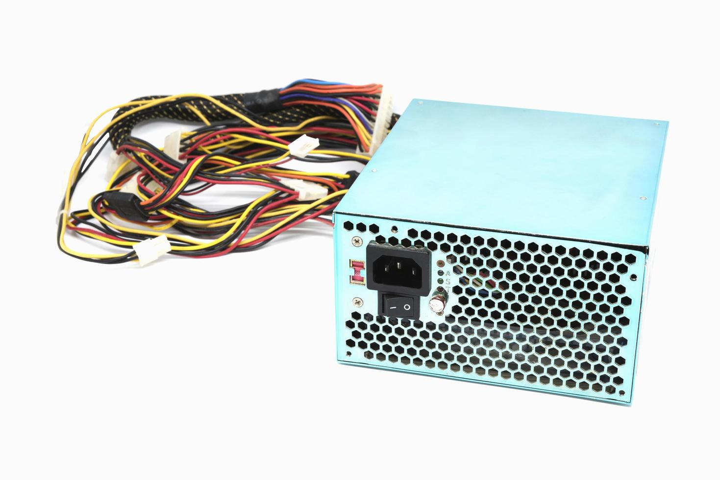 500W Power supply unit with cables and switch I O for PC computers isolated on a white background photo