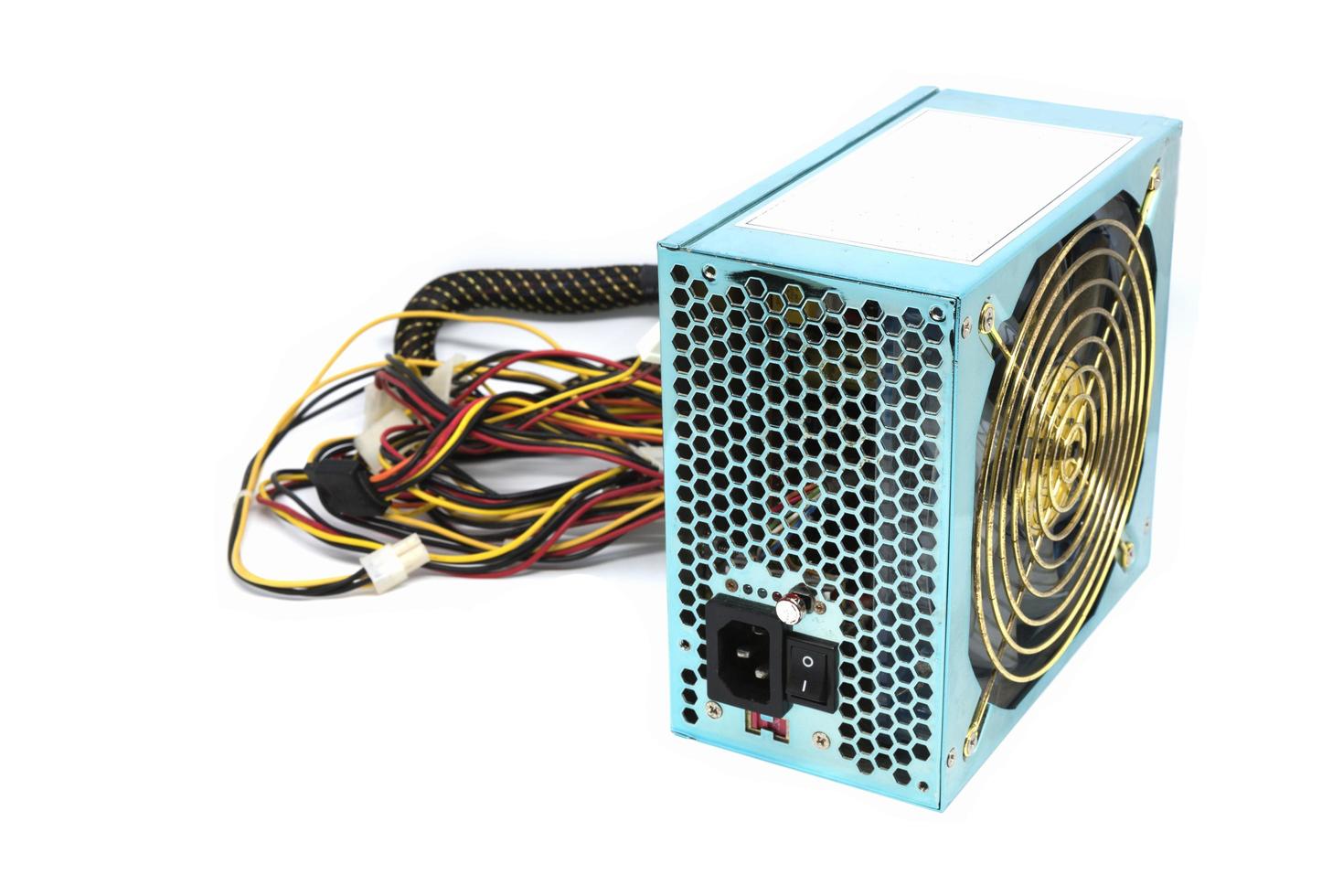 500W Power supply unit with cables and switch I O for PC computers isolated on a white background photo