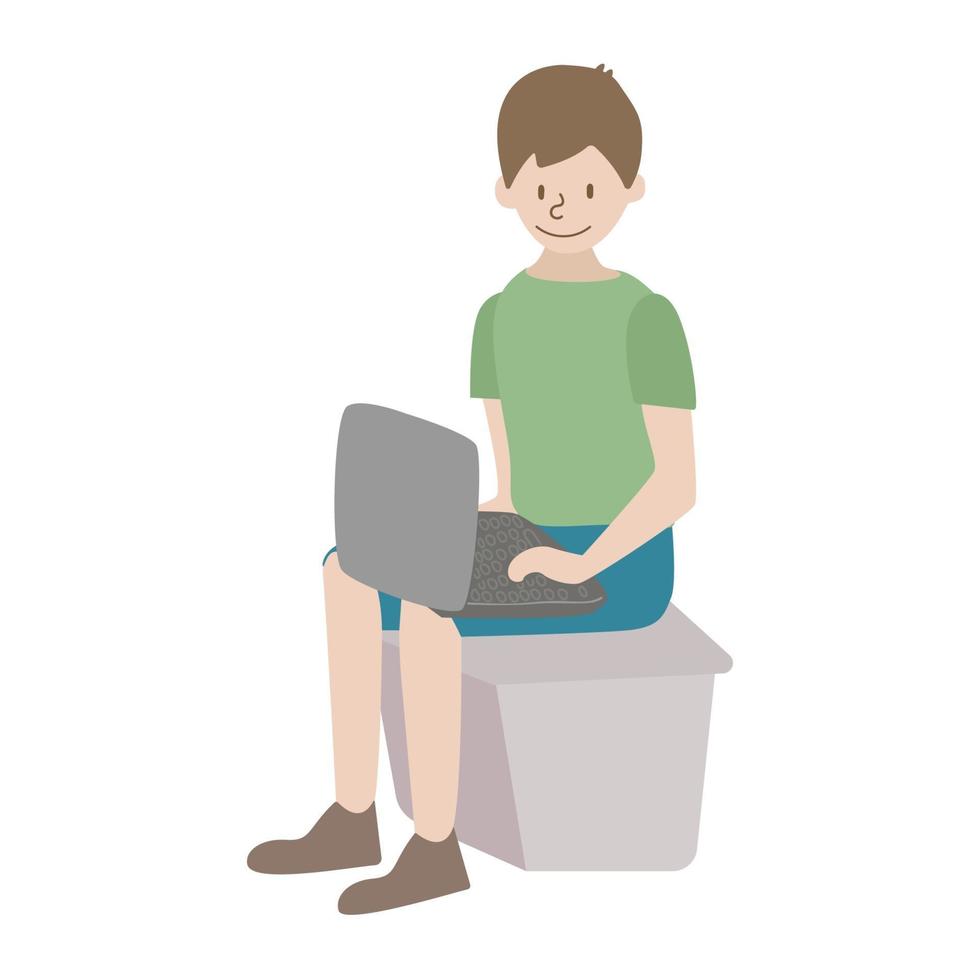 Cartoon young calm man operating computer from house vector