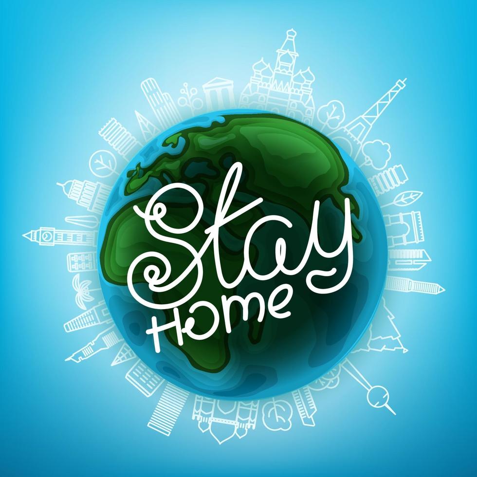 Stay home vector illustration with the Earth and city landscape