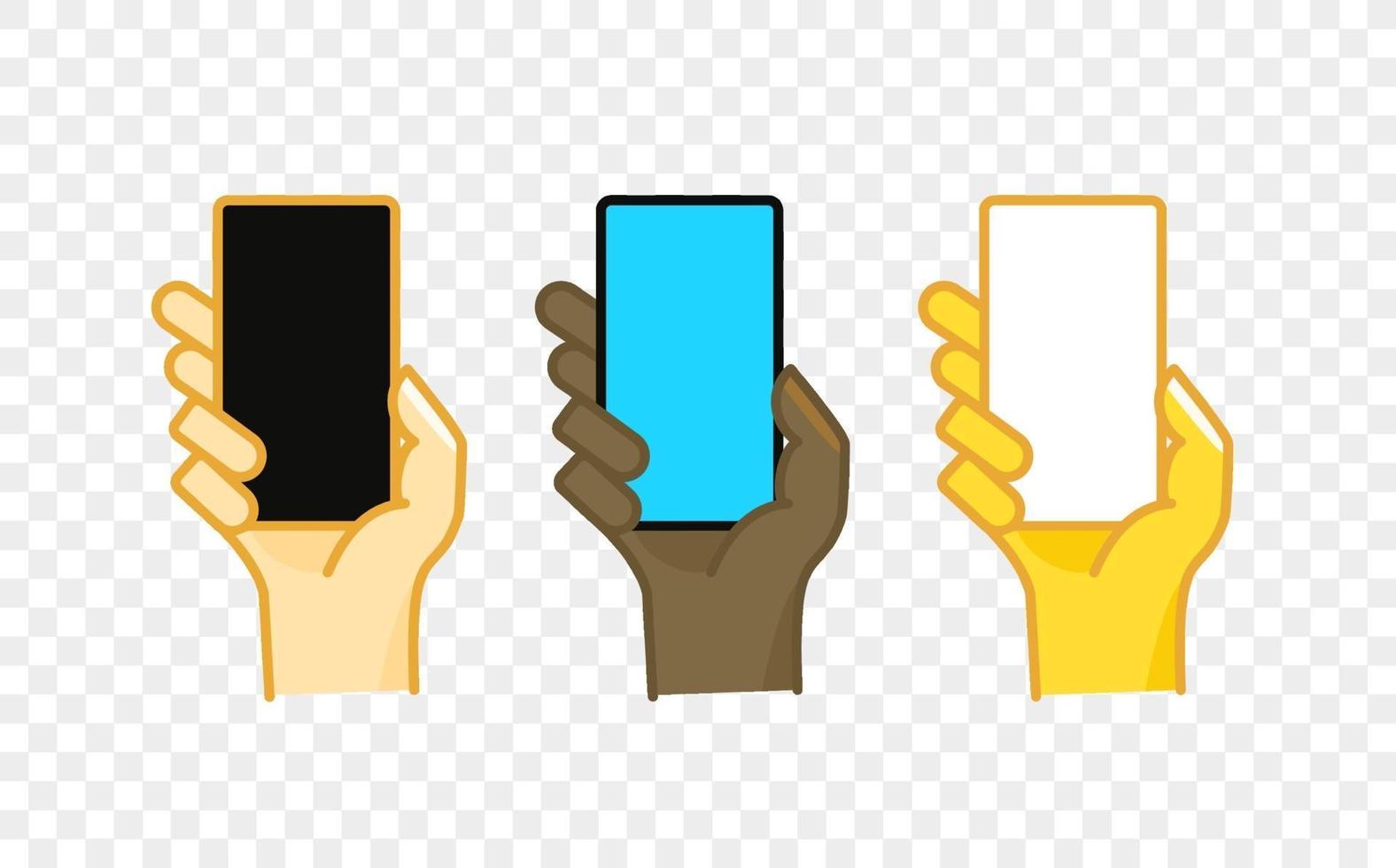 Different color hand gesture comic style vector icon. Smartphone in a hand