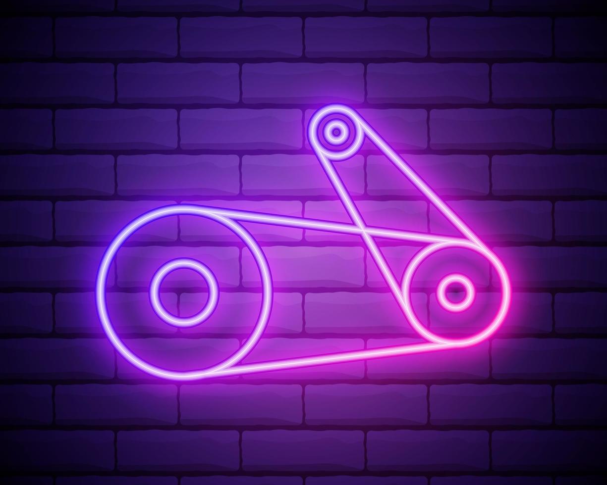 Glowing neon Timing belt kit icon isolated on brick wall background vector