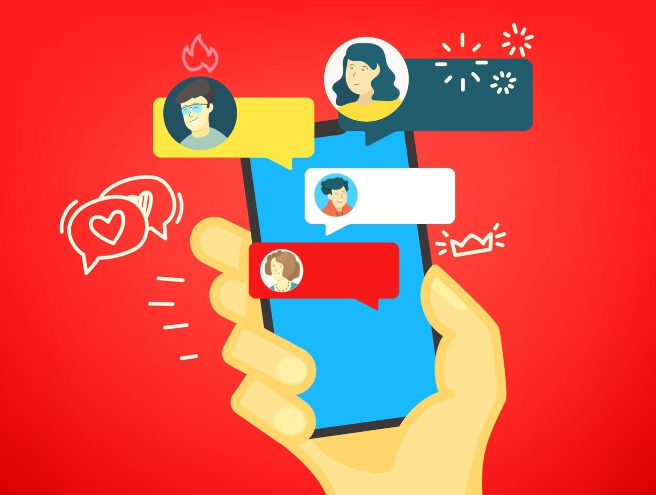 Human hand with modern smartphone. Chat concept. Flat illustration with doodle elements vector