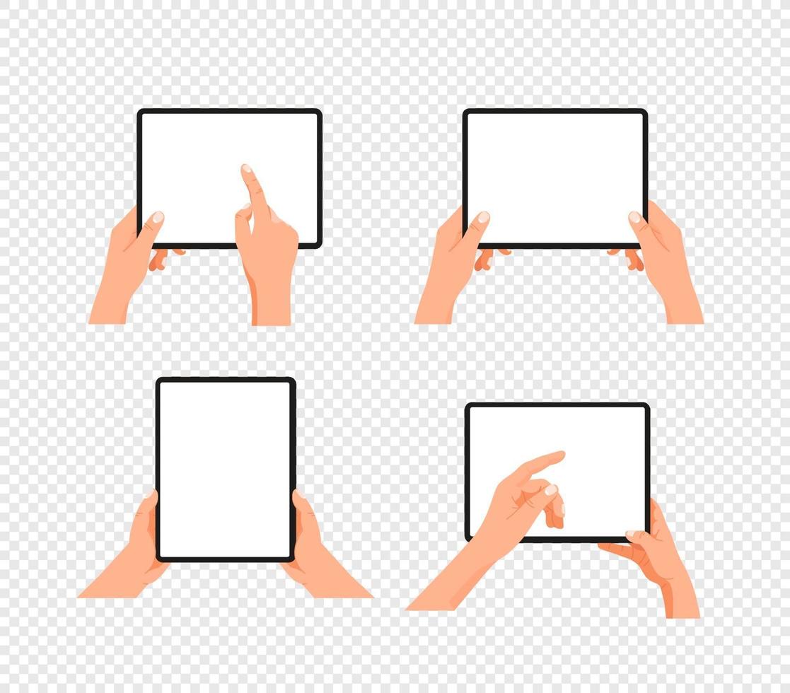 Human gesture using tablet computer. Layered vector clipart isolated on transparent background