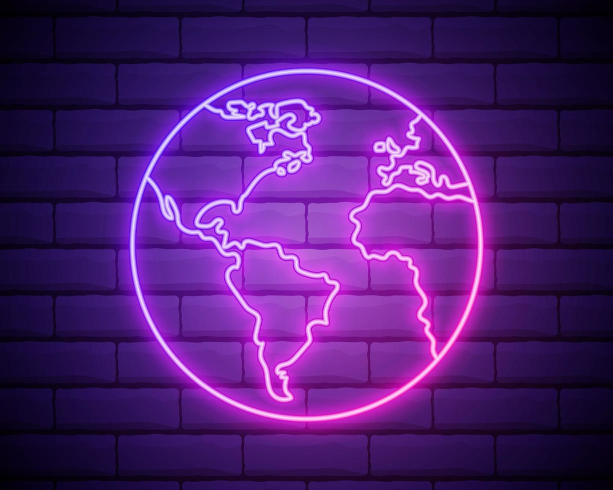 Glowing neon line Earth globe icon isolated on brick wall background vector