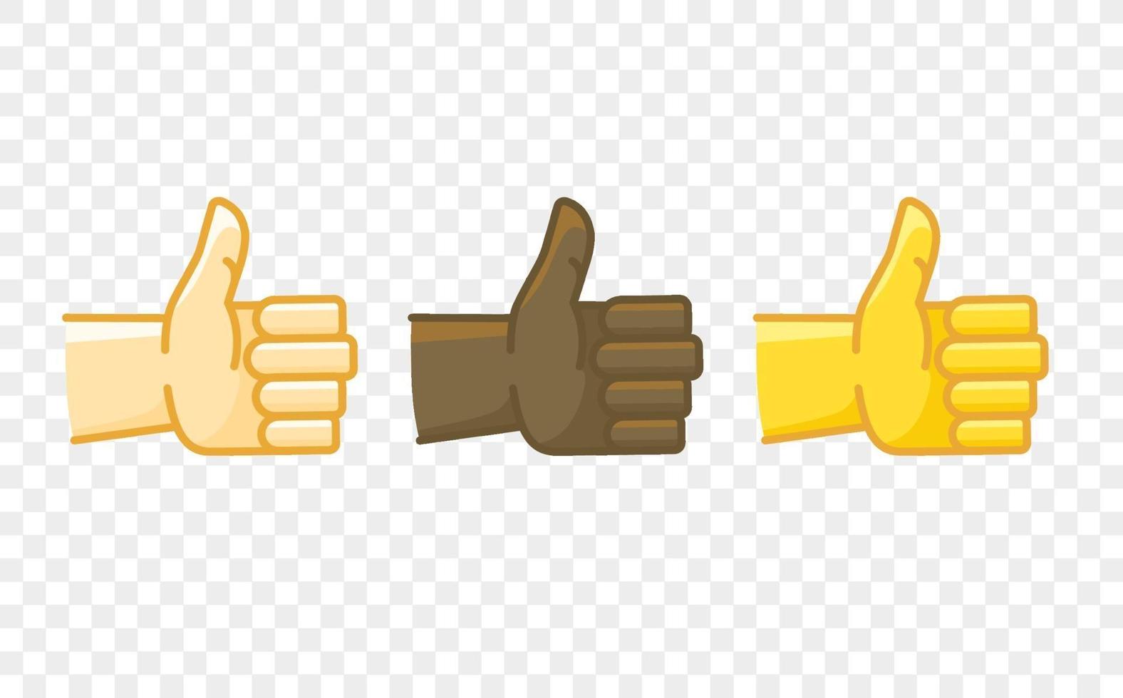 Icono de vector de estilo cómico de gesto de mano de color diferente. Pulgares hacia arriba