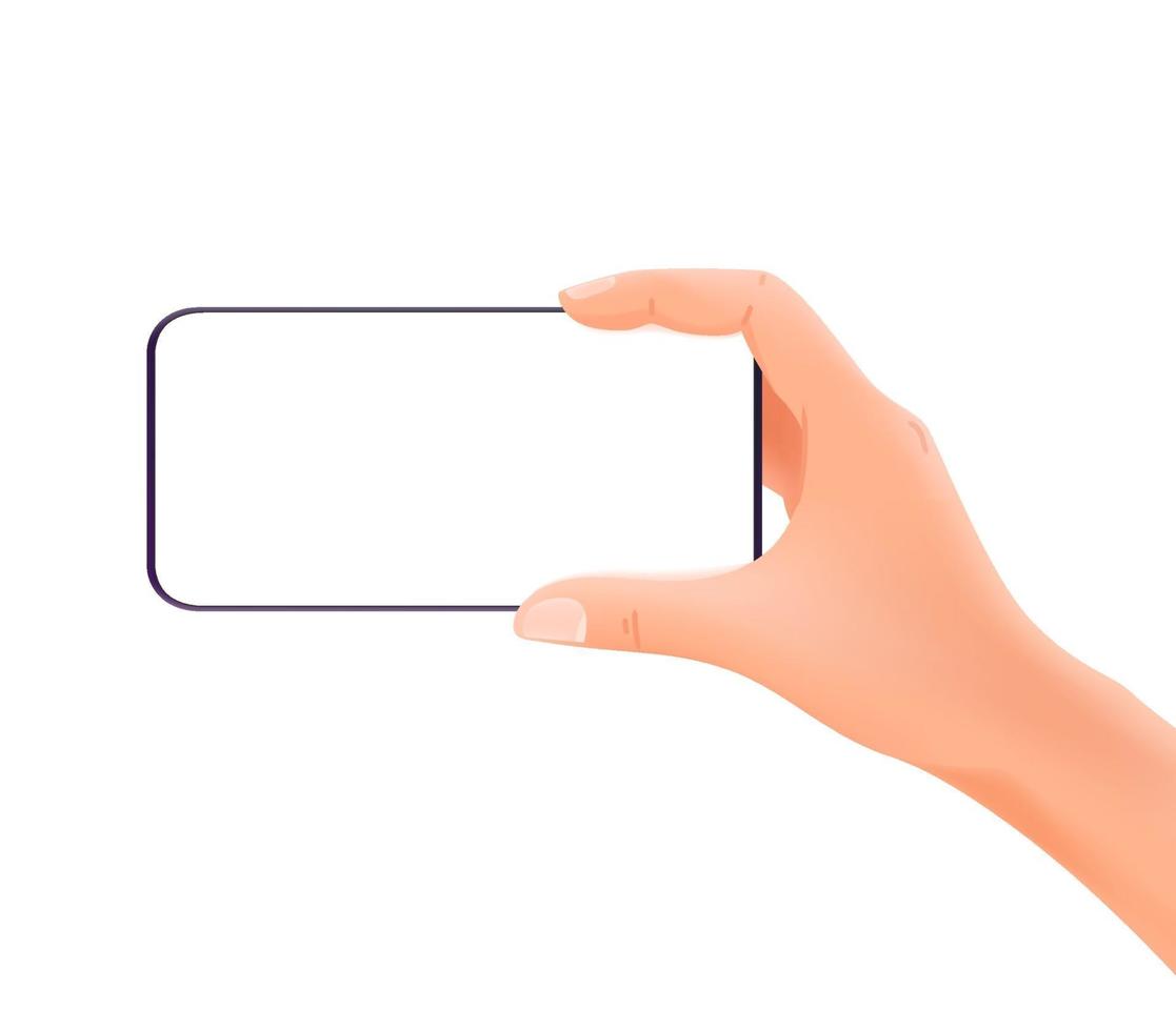 Smartphone in hands vector mockup isolated on white background. Horizontal orientation