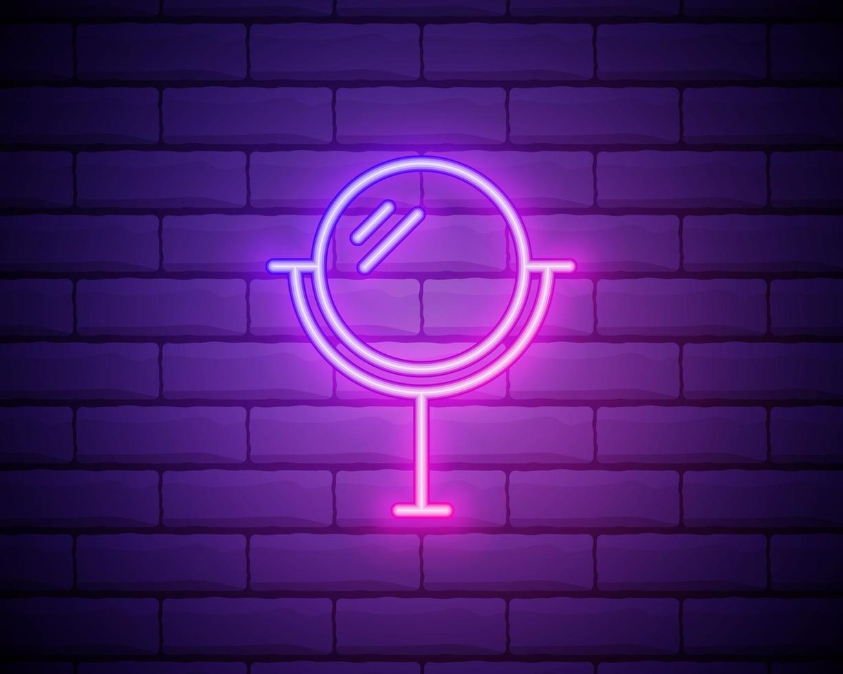Neon mirror icon isolated on brick wall background vector
