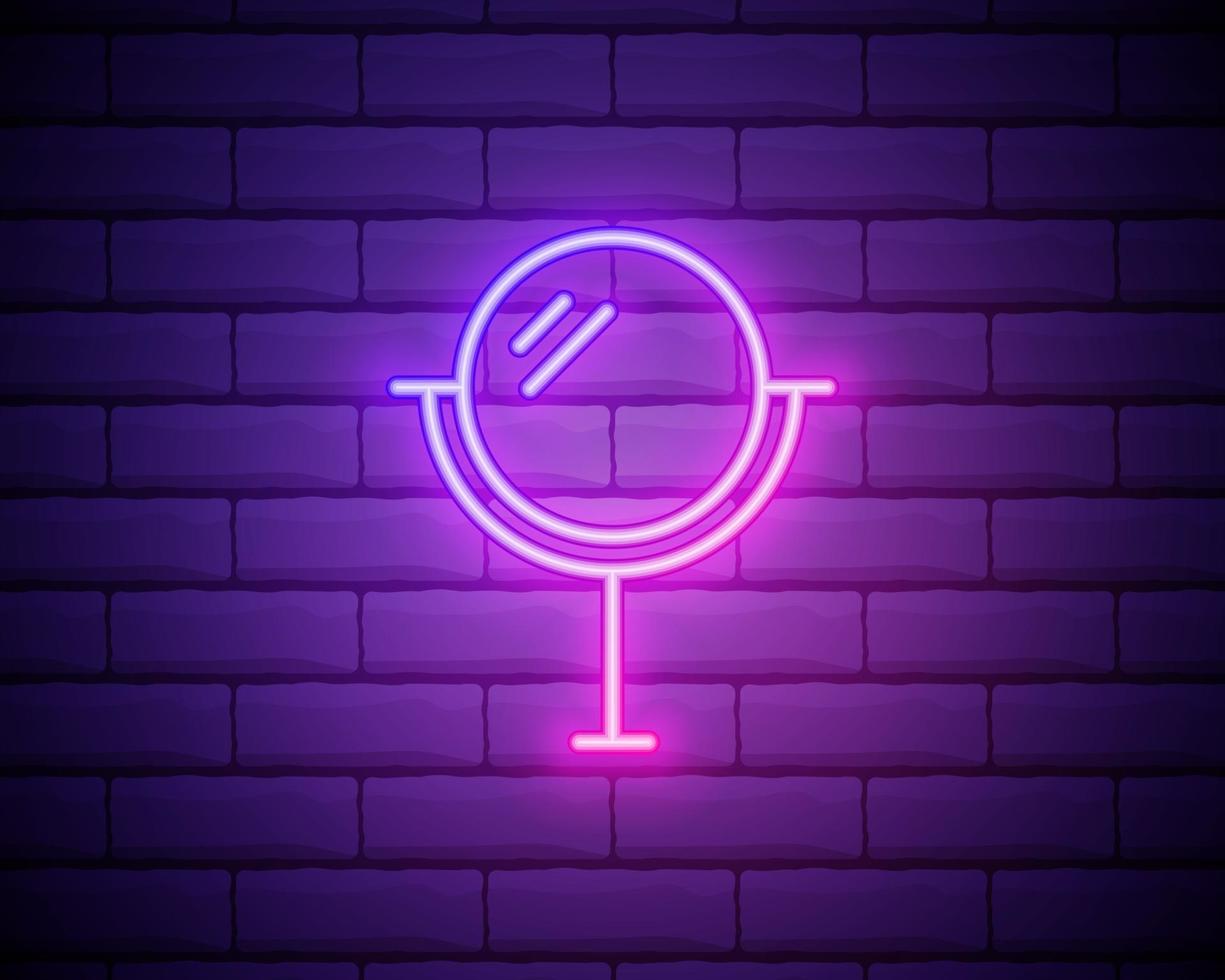 Neon mirror icon isolated on brick wall background vector