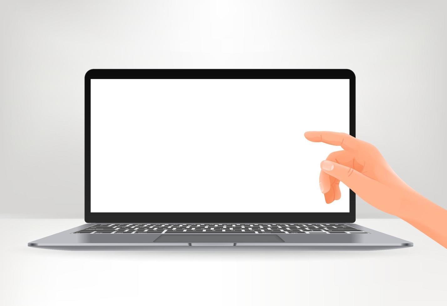 Modern laptop screen with hand pointing to the screen. Vector mockup with blank screen