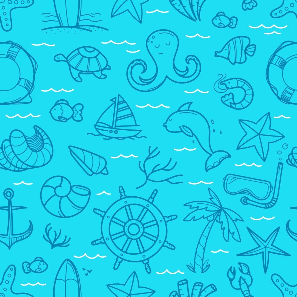 Ocean blue seamless background. Doodle vector elements