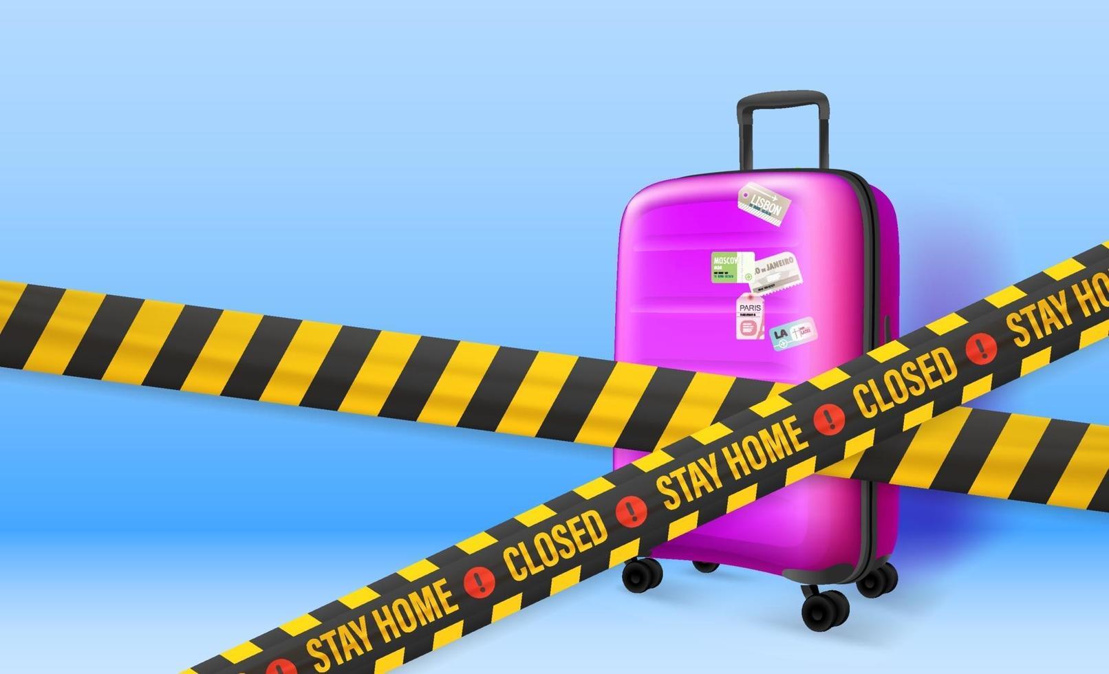 Stay home concept. Plastic suitcase on blue background with tapes vector