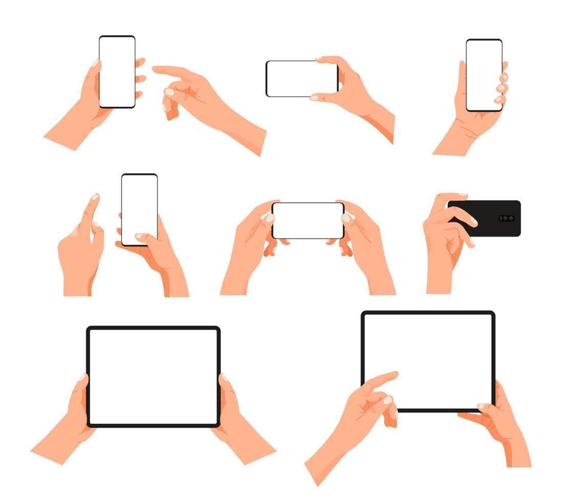 Gesto humano usando un moderno teléfono inteligente y tableta. Imágenes Prediseñadas de vector en capas