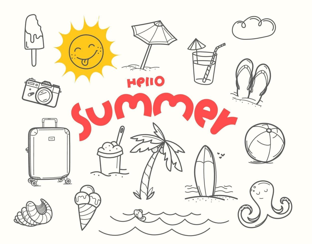 Hello summer doodle vector elements with lettering inscription