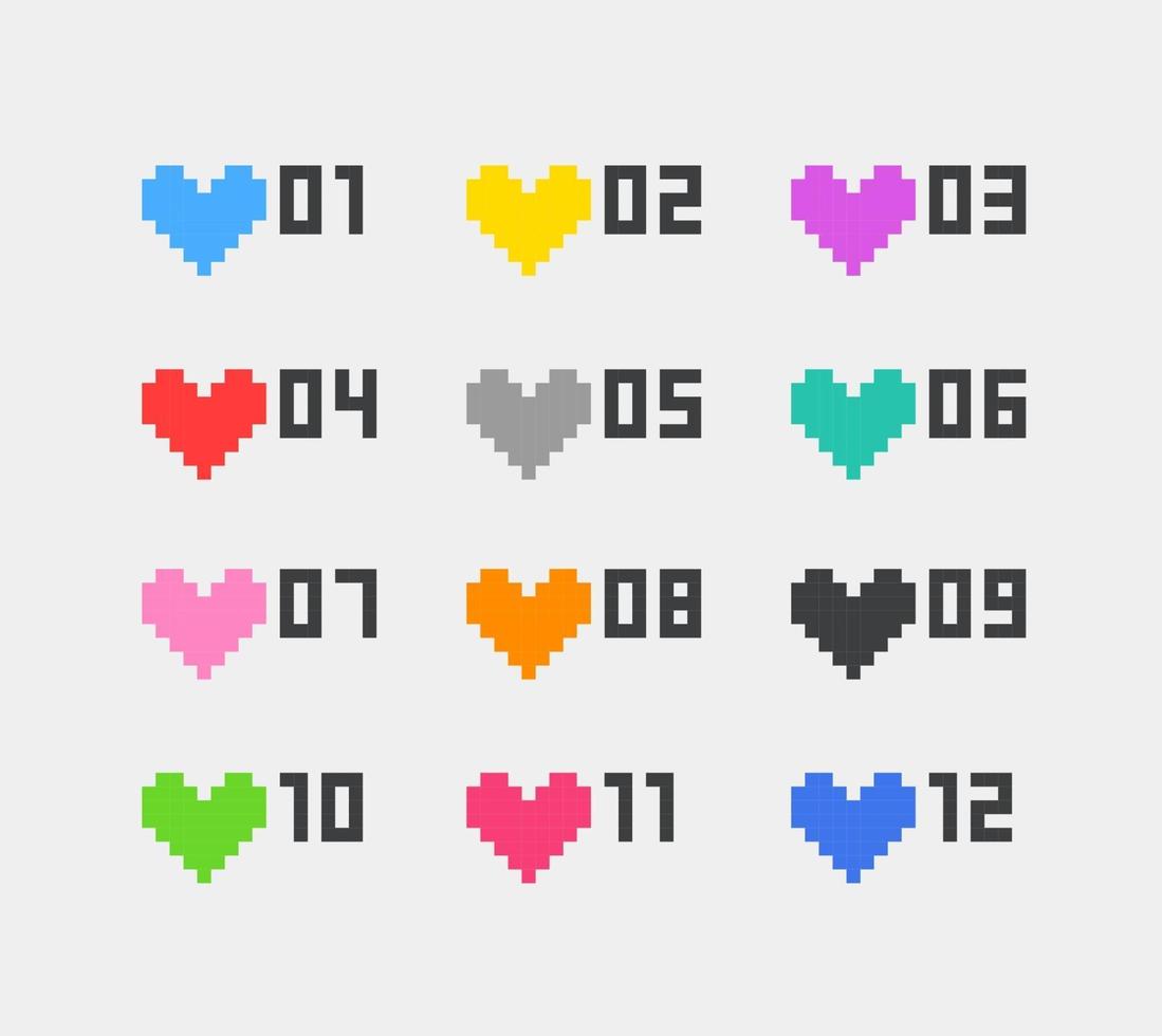 Color pixel style hearts with digits. Inforgaphic vector bullets set