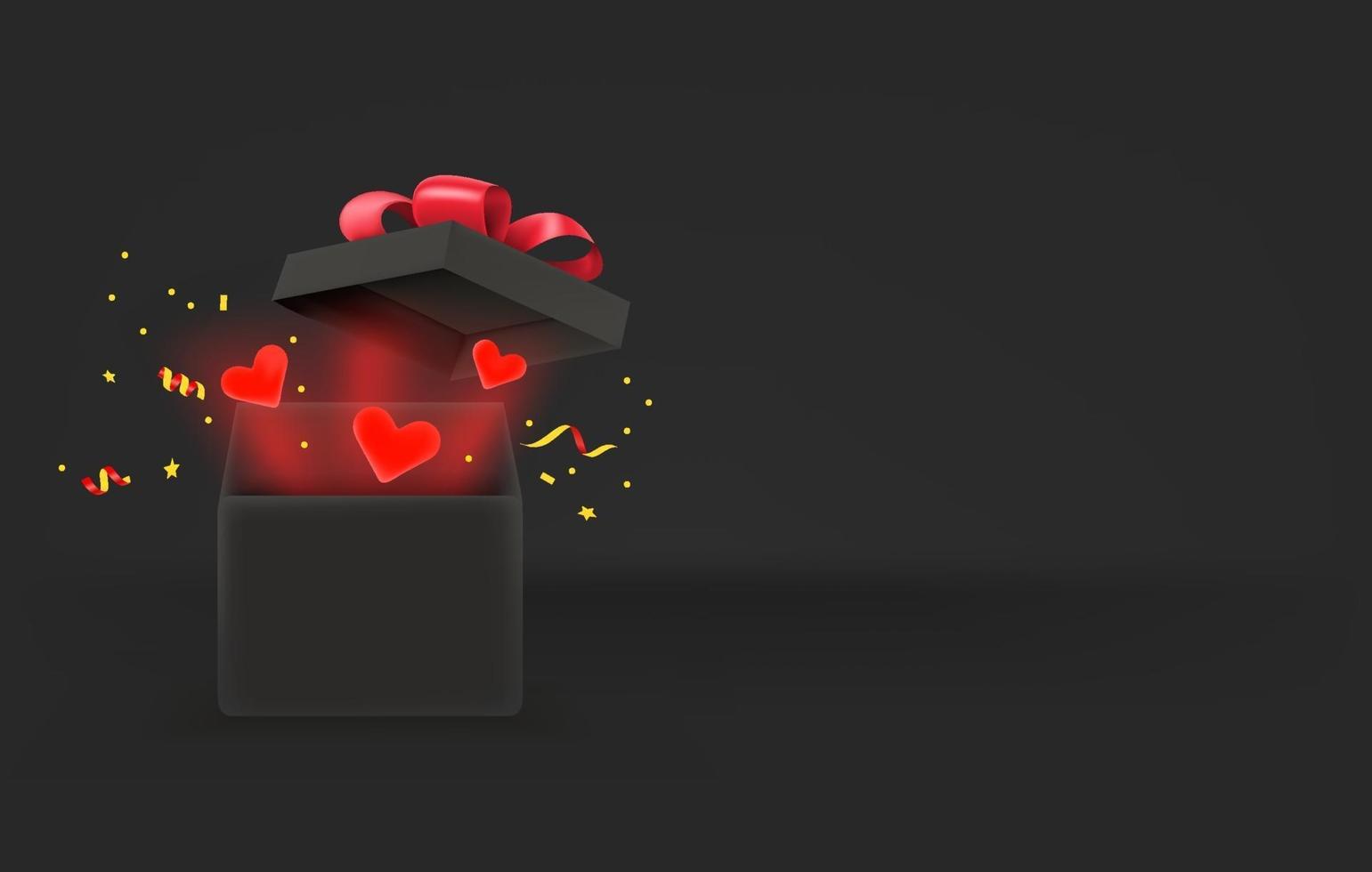 caja de regalo abierta con corazones rojos. concepto de amor. Banner de vector de estilo 3d con espacio de copia